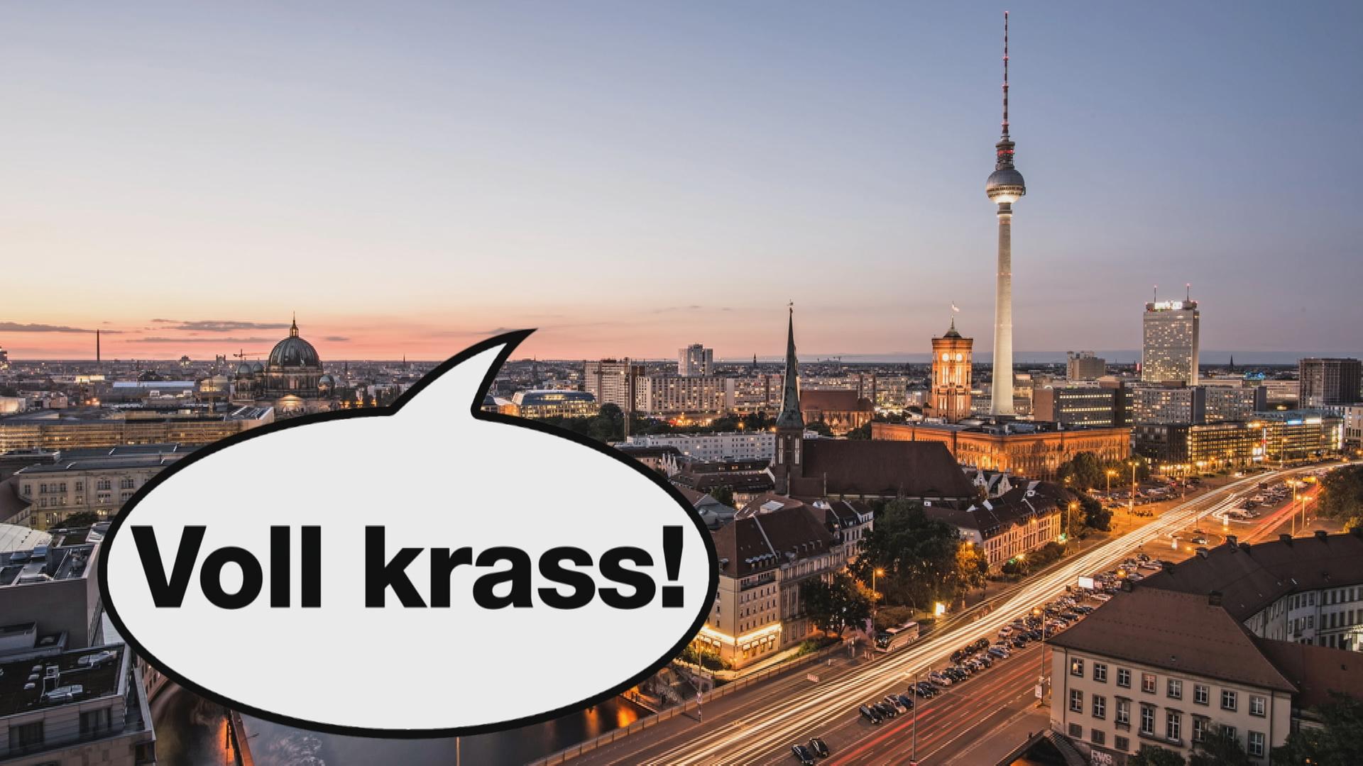 Panorama Berlin in der Dämmerung mit großer Sprechblase "Voll krass!"