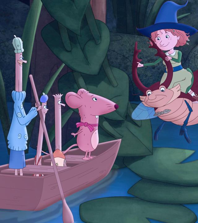 Maus Hilda macht mit den Apfelmännchen eine Bootsfahrt bei Vollmond auf dem Teich. Petronella stößt auf Hirschkäfer Lucius fliegend dazu.