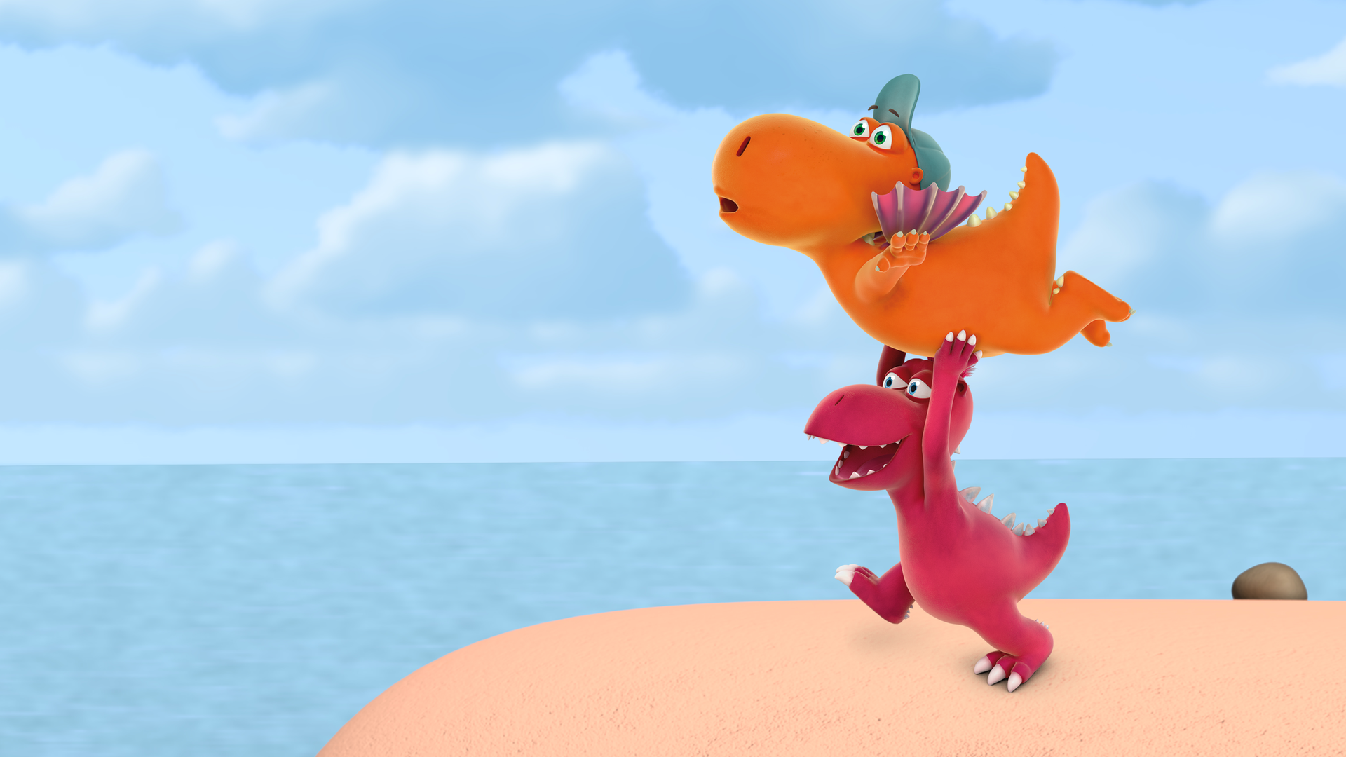 Der kleine Drache will fliegen lernen. Oskar (links) hält Kokosnuss (links oben) in der Luft und rennt mit ihm auf eine Klippe zu.