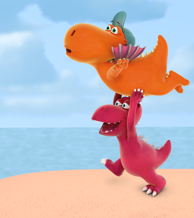 Der kleine Drache will fliegen lernen. Oskar (links) hält Kokosnuss (links oben) in der Luft und rennt mit ihm auf eine Klippe zu.