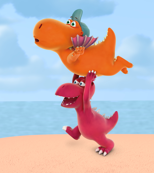 Der kleine Drache will fliegen lernen. Oskar hält Kokosnuss in der Luft und rennt mit ihm auf eine Klippe zu.