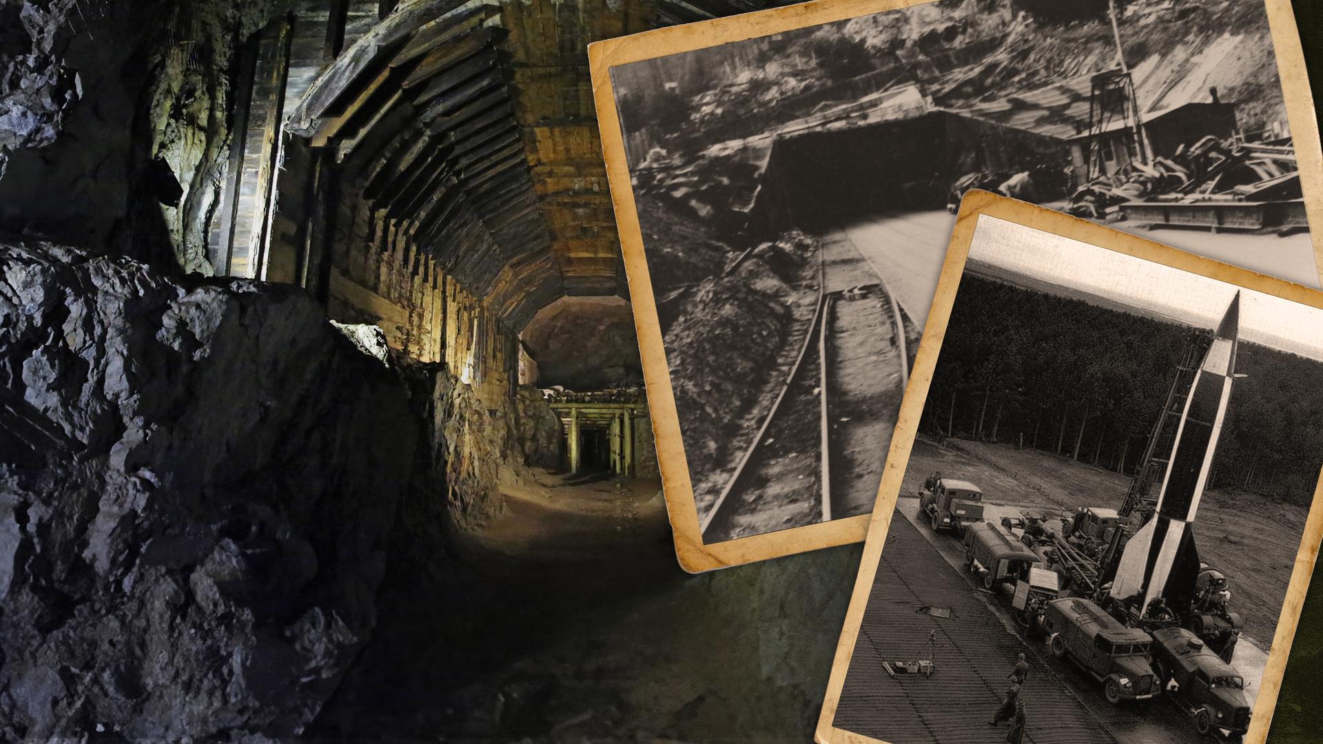 Ein Blick ins innere der Bunkeranlage Riese (Osowka), dazu alte Aufnahmen vom Start einer V2 Rakete und dem Eingangsbereich zur Anlage.