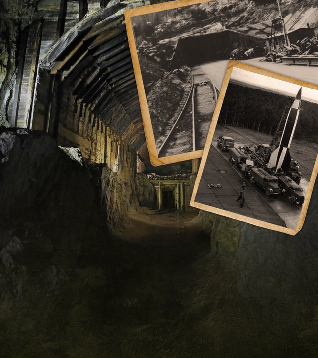 Ein Blick ins innere der Bunkeranlage Riese (Osowka), dazu alte Aufnahmen vom Start einer V2 Rakete und dem Eingangsbereich zur Anlage.