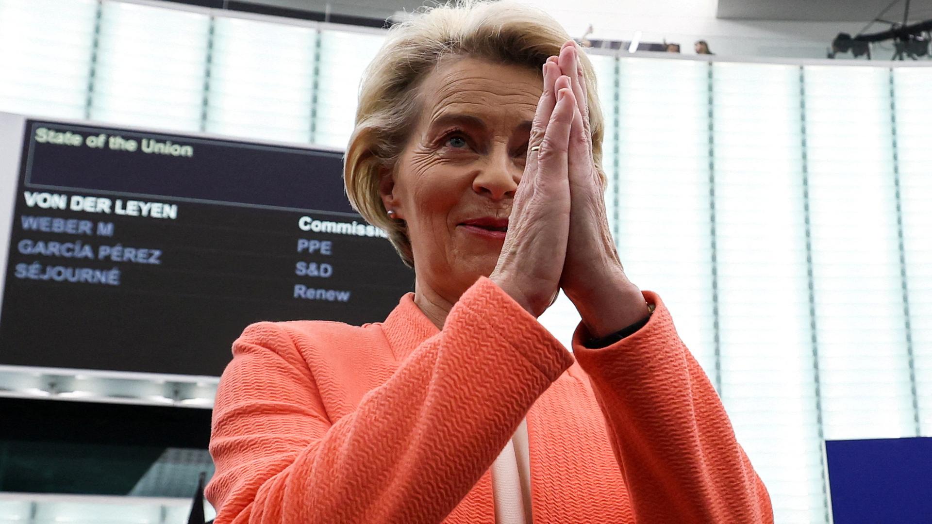 European Commission President Ursula von der Leyen reacts on the day of the annual State of the European Union address to the European Parliament, in Strasbourg, France, September 13, 2023.