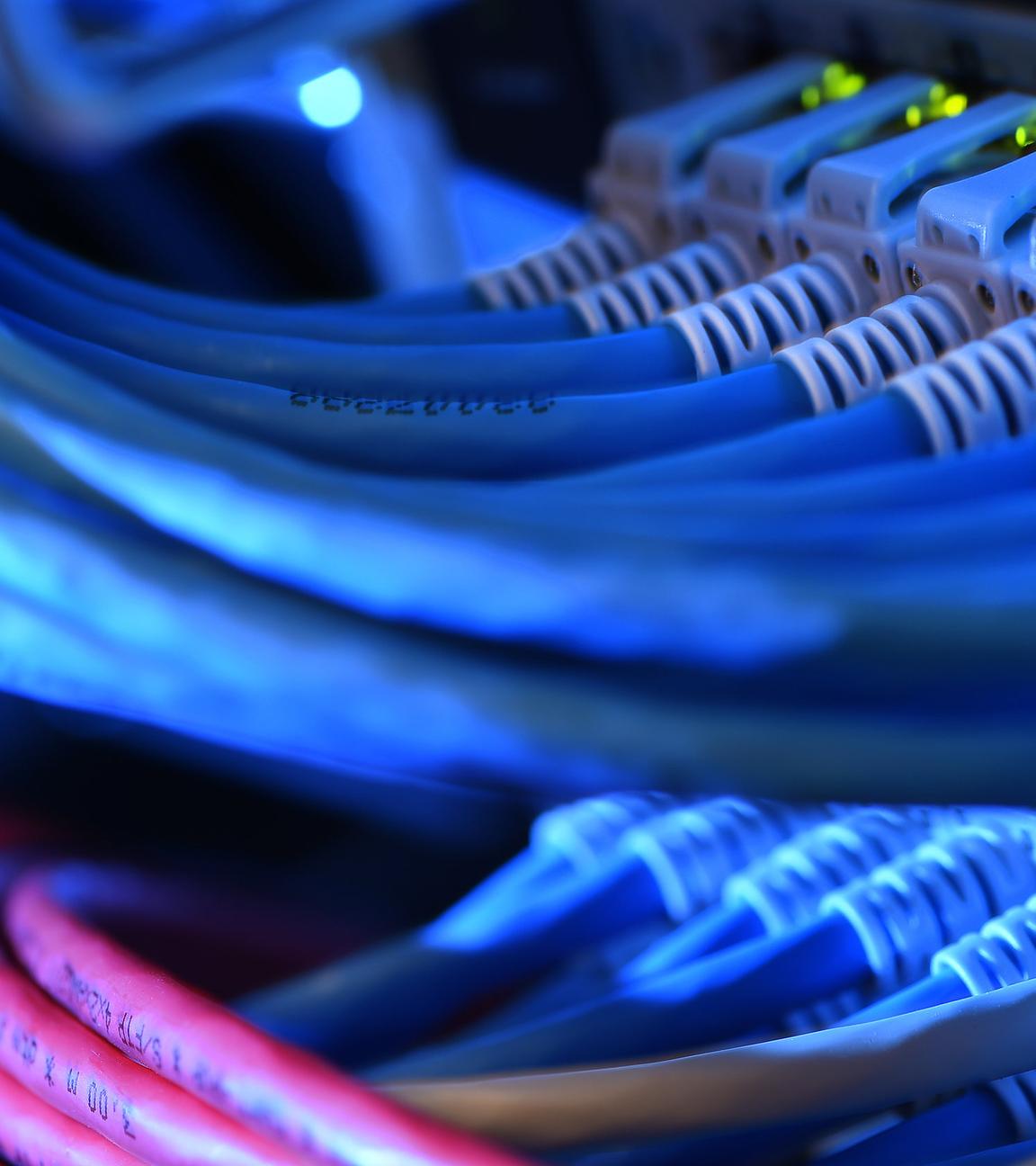 Archiv: Mehrere Netzwerk-Kabelstecker leuchten am 16.10.2014 in der Netzwerkzentrale