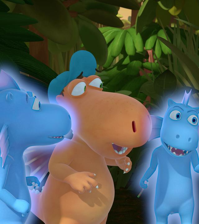 Kokosnuss, Matilda und Oskas stehen in einem Kreise mit zwei Wasserdrachen und planen etwas.