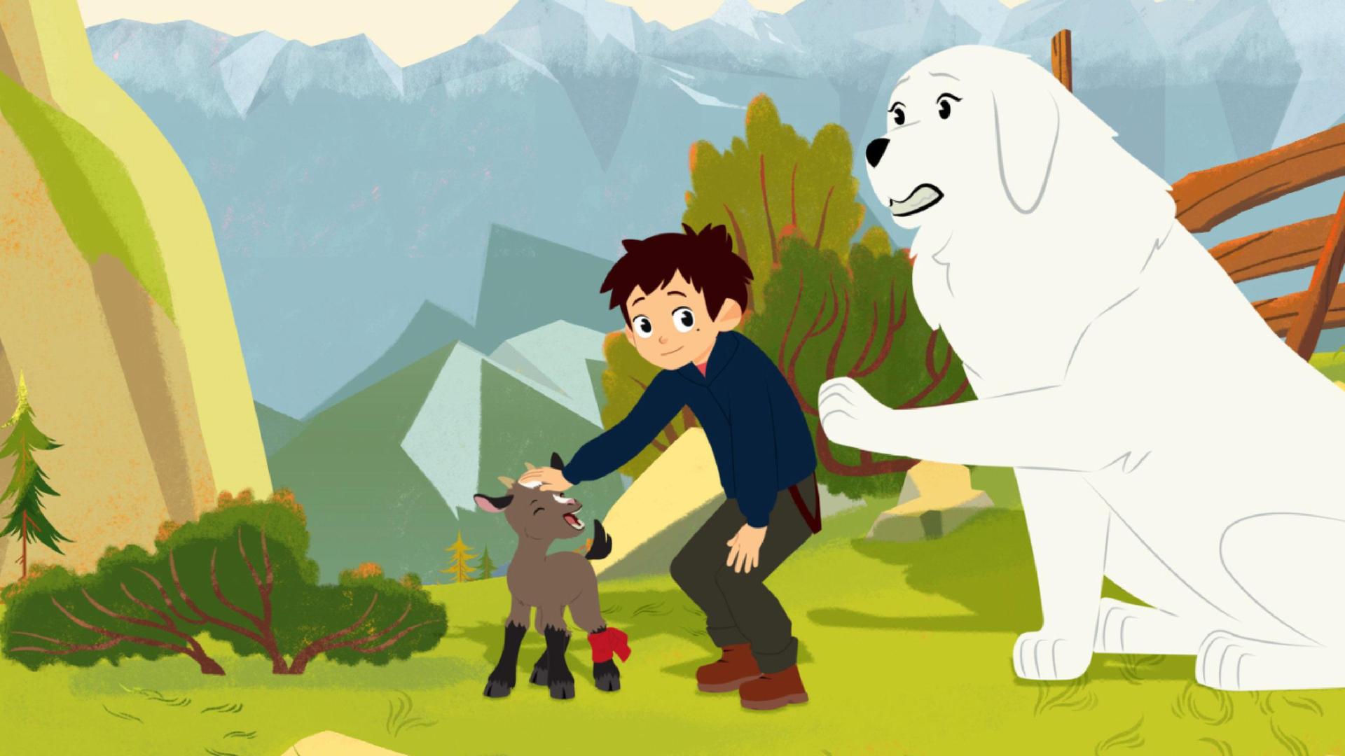 Sebastian streichelt ein Zicklein. Belle sitzt daneben und hebt eine Pfote.