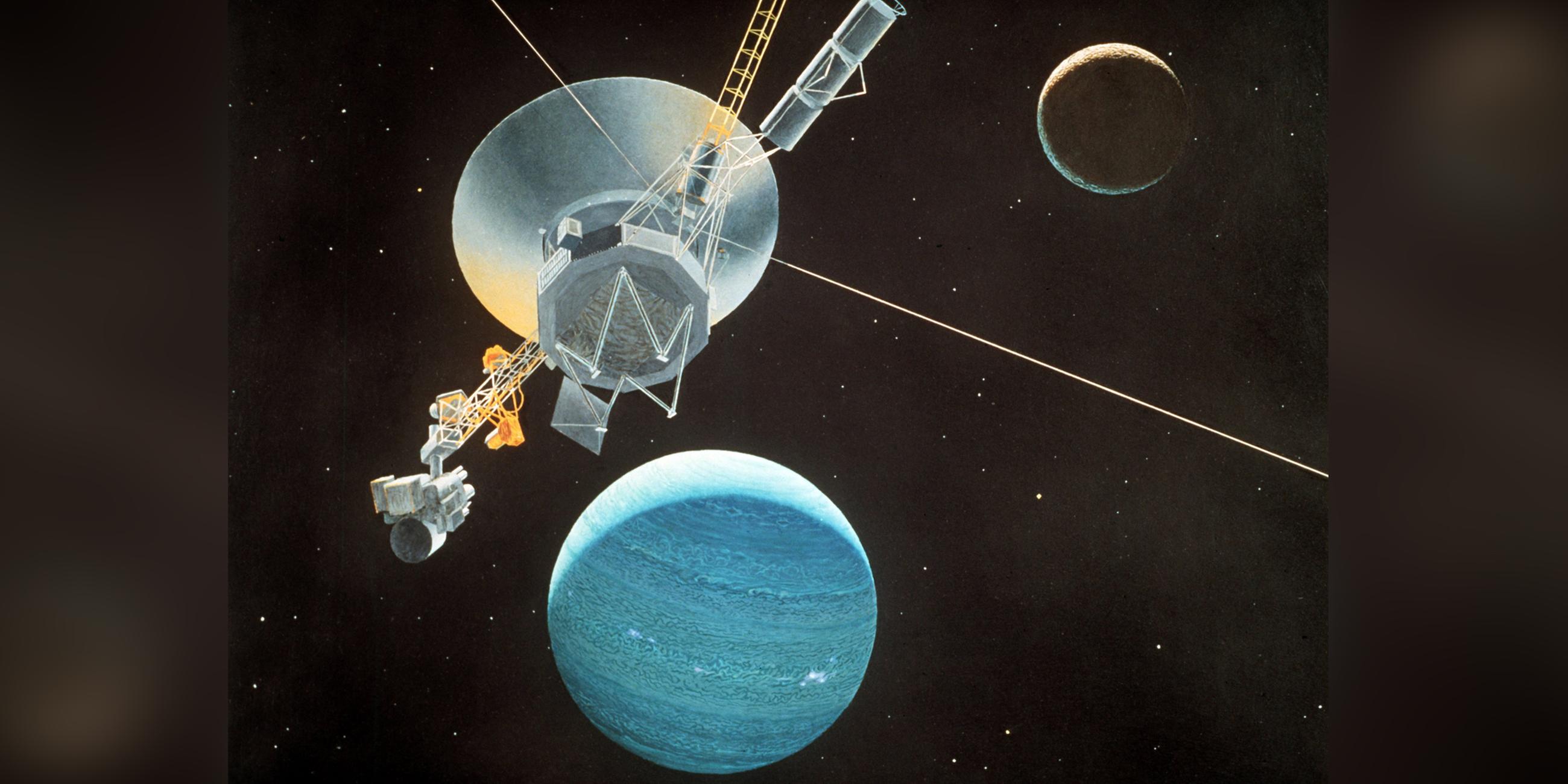 Archiv: Grafische Darstellung der amerikanischen Raumsonde Voyager 2 mit dem Planeten Neptun und seinem Mond Triton, herausgegeben im August 1981. 