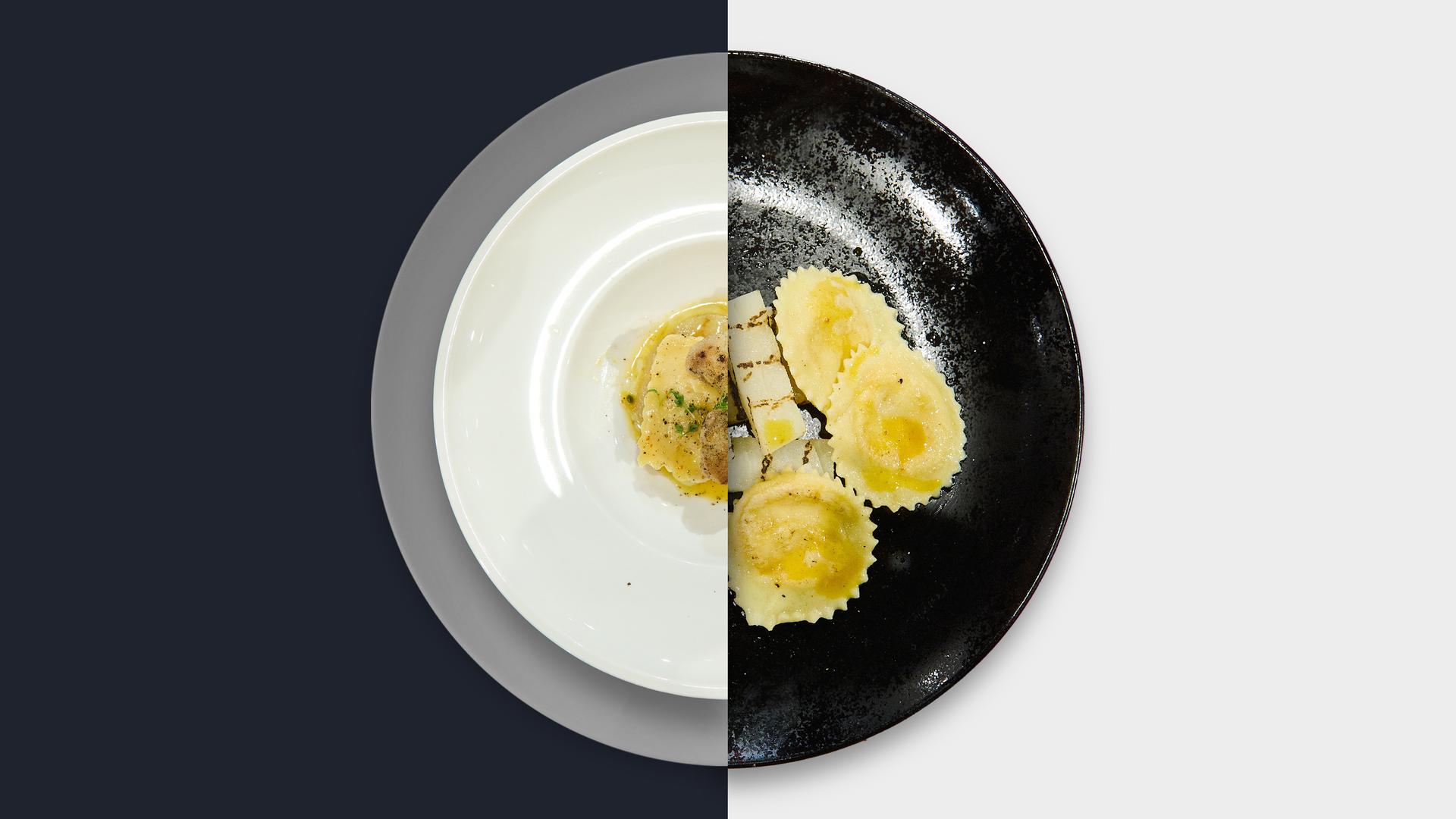 Wachtelbrust und Kürbisravioli mit Orangensauce, gegrilltem Kohlrabi und Salbei-Öl