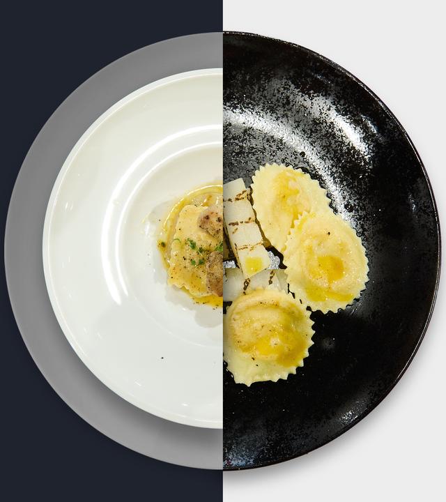 Wachtelbrust und Kürbisravioli mit Orangensauce, gegrilltem Kohlrabi und Salbei-Öl