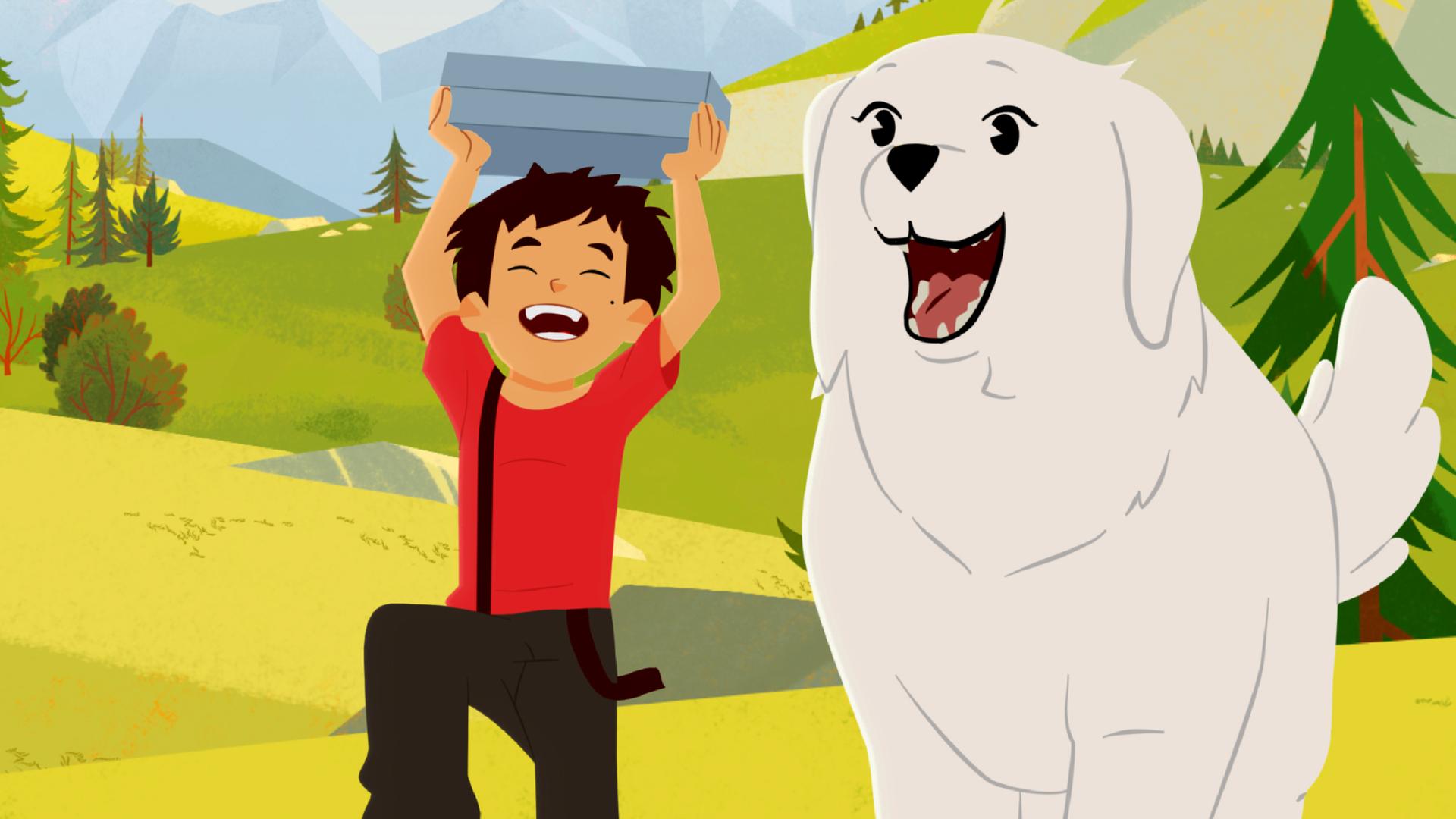 Belle und Sebastian laufen lachend über eine Wiese. Sebastian hält eine Box nach oben.