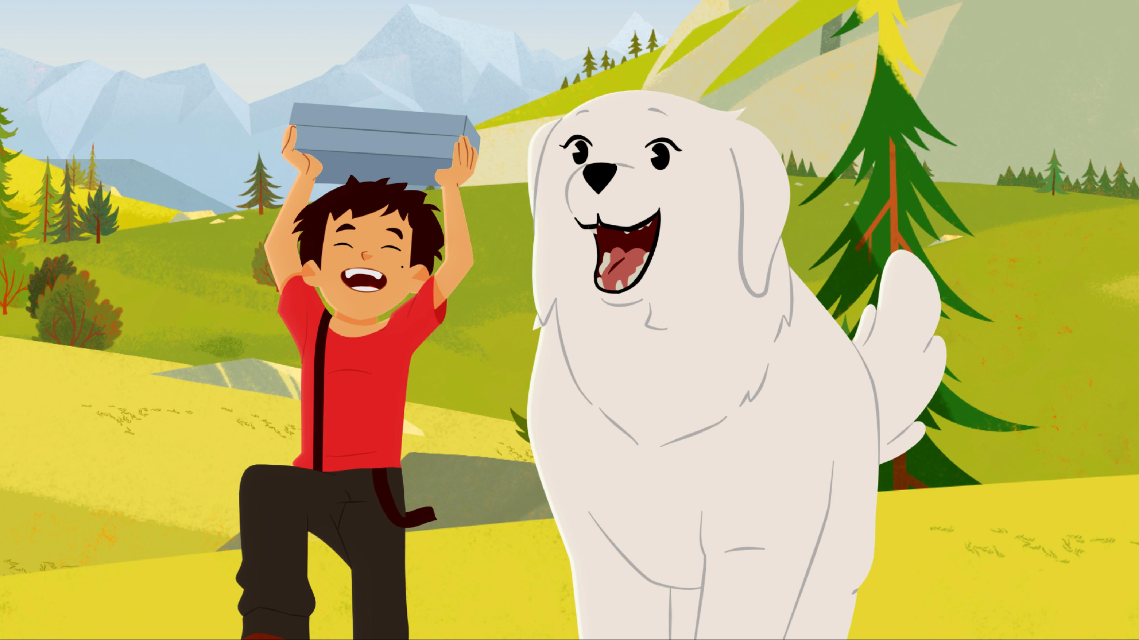 Belle und Sebastian laufen lachend über eine Wiese. Sebastian hält eine Box nach oben.