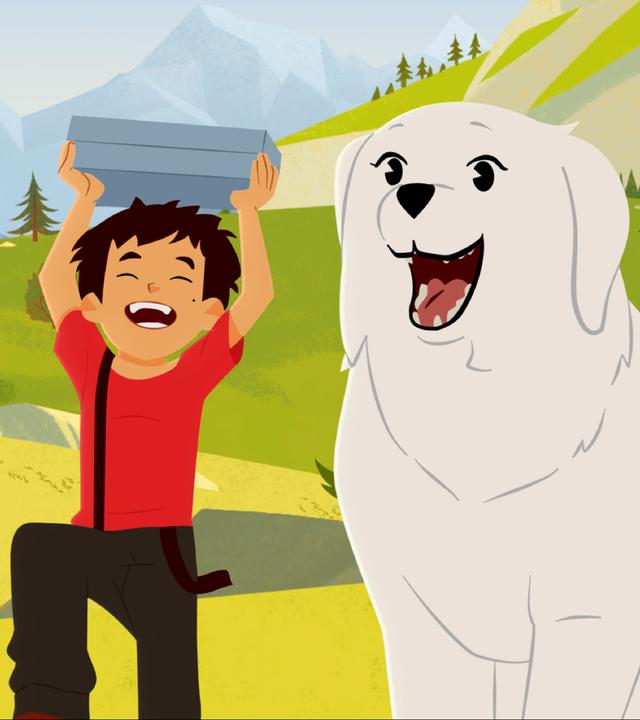 Belle und Sebastian laufen lachend über eine Wiese. Sebastian hält eine Box nach oben.