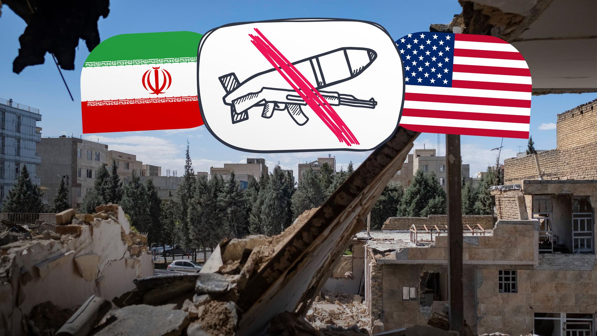Plötzlich Waffenruhe?! Flaggen USA und Iran, durchgestrichene Rakete