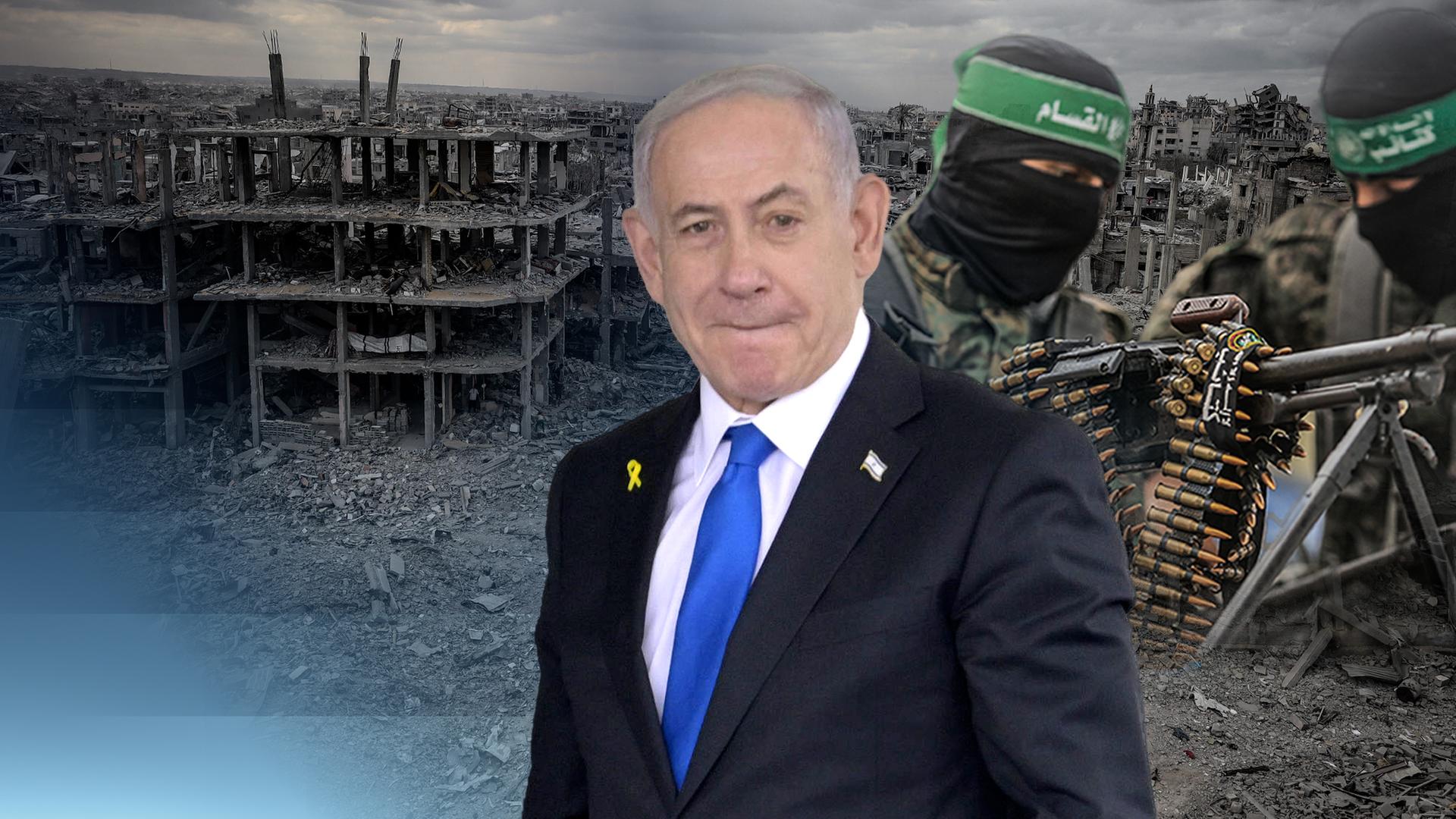 Benjamin Netanjahu vor einer zerstörten Wohngegend im Gazastreifen