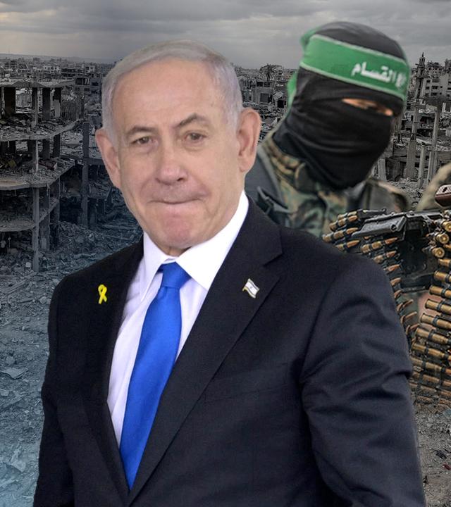 Benjamin Netanjahu vor einer zerstörten Wohngegend im Gazastreifen