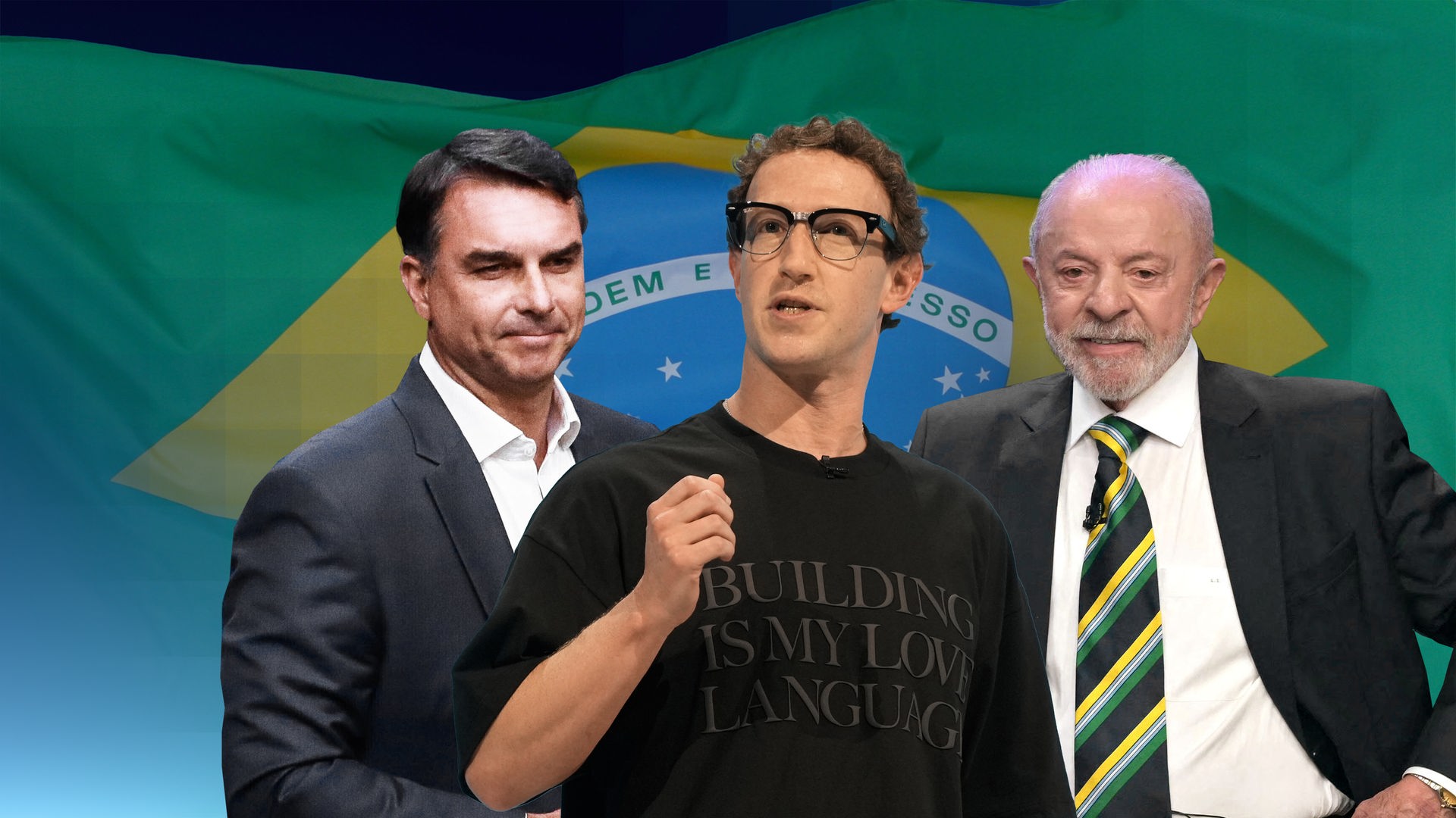 Eine Collage. Links der rechts-konservative Flávio Bolsonaro; rechts der aktuelle Präsident Lula; in der Mitte ein Bild von Mark Zuckerberg. Im Hintergrund ein Bild einer wehenden Brasilien-Flagge.