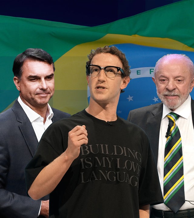 Eine Collage. Links der rechts-konservative Flávio Bolsonaro; rechts der aktuelle Präsident Lula; in der Mitte ein Bild von Mark Zuckerberg. Im Hintergrund ein Bild einer wehenden Brasilien-Flagge.
