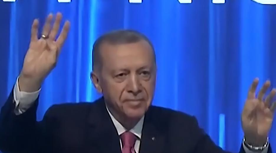 Erdogan bei einer Wahlkampfveranstaltung; im Hintergrund Türkei-Flaggen. 