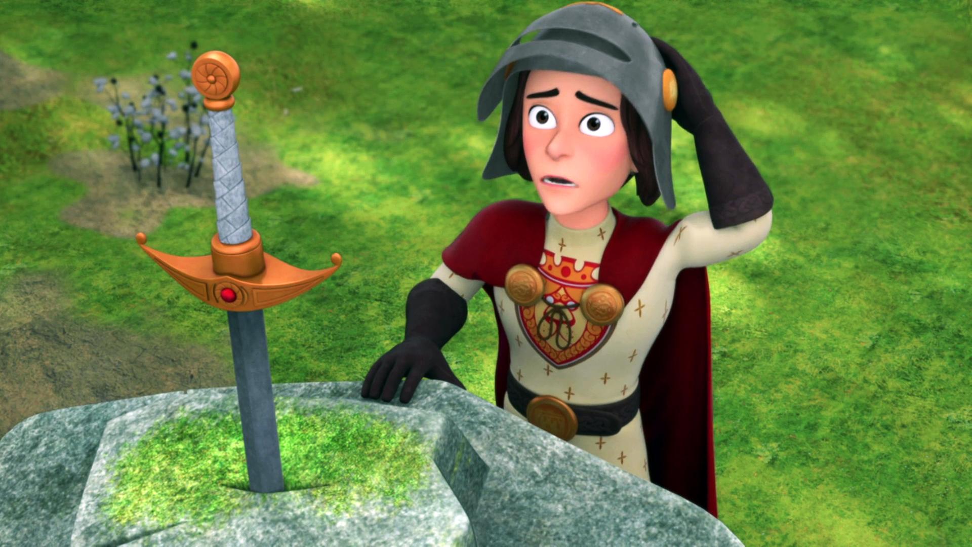 König Richard steht vor einem Felsen, in dem ein Schwert steckt. Er trägt einen Helm, mit der linken Hand greift er sich an den Kopf und sieht dabei verzweifelt aus.