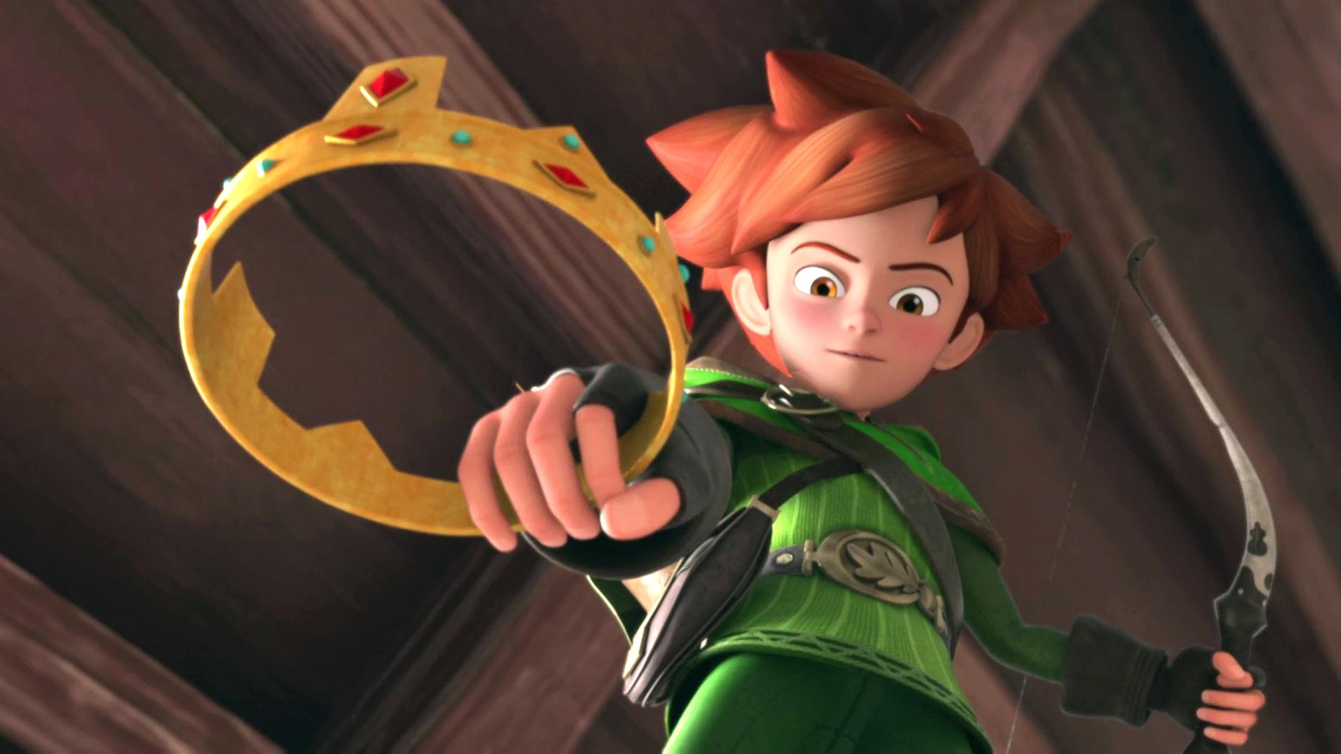 In der linken Hand hält Robin seinen Bogen, in der rechten Hand hält er eine Krone.