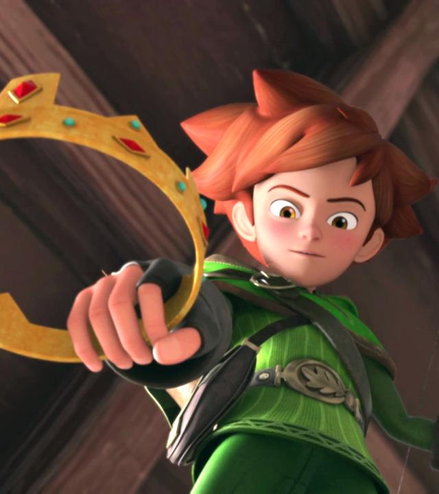 In der linken Hand hält Robin seinen Bogen, in der rechten Hand hält er eine Krone.