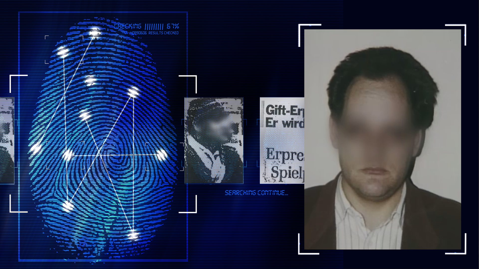 Portraitfoto eines Mannes, ca. 40 Jahre, blickt in die Kamera. Das Gesicht wurde technisch verfremdet. Der Mann trägt ein braunes Sacko und ein weißes Hemd mit dünnen Streifen. Er hat dunkle kurze Haare. Links daneben: Lichtschematische Darstellung eines Fingerabdrucks.