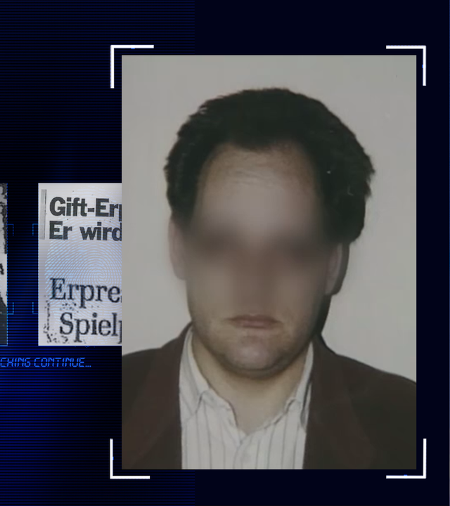 Portraitfoto eines Mannes, ca. 40 Jahre, blickt in die Kamera. Das Gesicht wurde technisch verfremdet. Der Mann trägt ein braunes Sacko und ein weißes Hemd mit dünnen Streifen. Er hat dunkle kurze Haare. Links daneben: Lichtschematische Darstellung eines Fingerabdrucks.