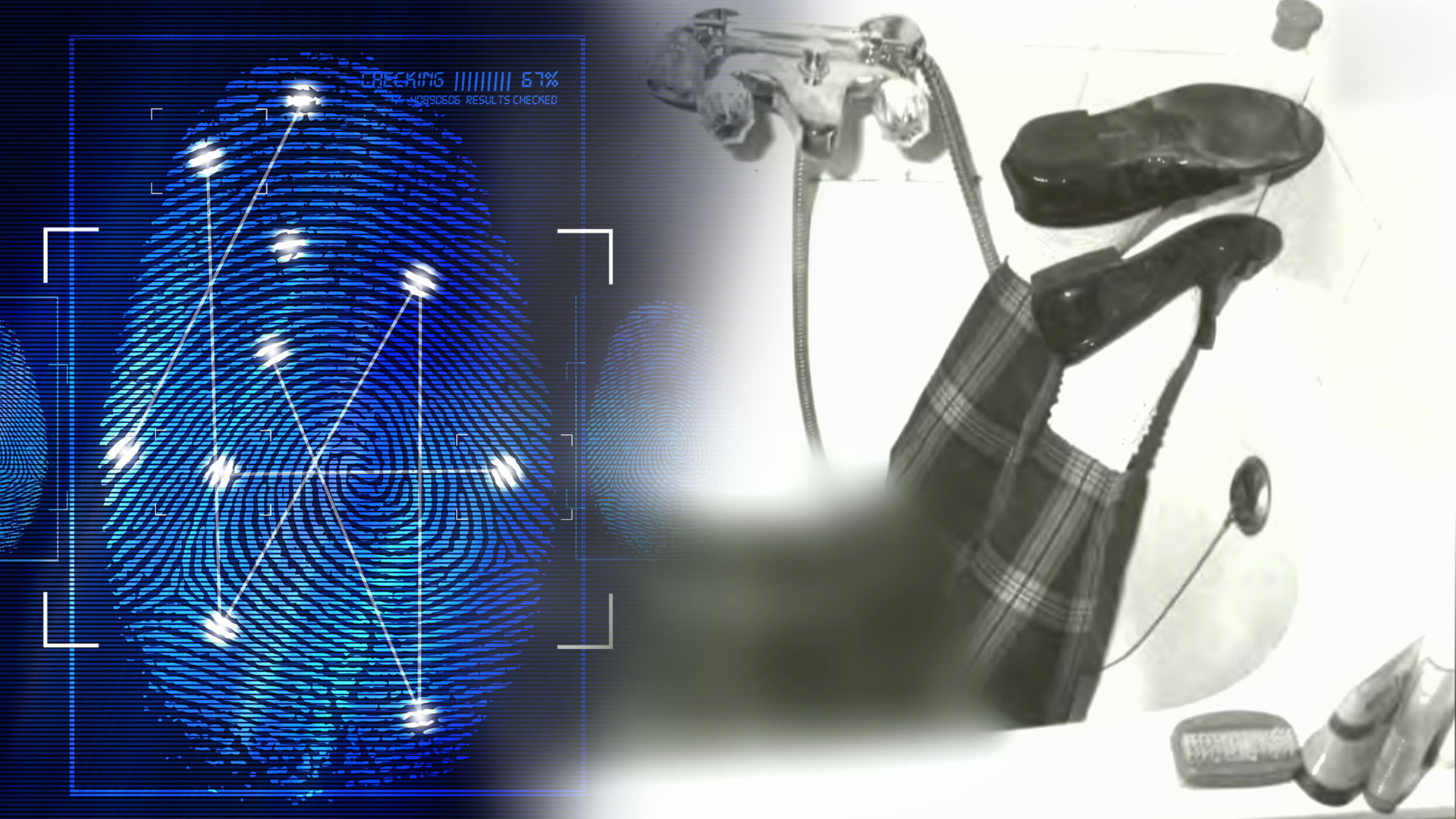 Eine Leiche liegt in einer Badewanne. Es sind nur die angewinkelten Beine zu sehen. Schwarzweißfoto aus der Polizeiakte. Links daneben: Lichtschematische Darstellung eines Fingerabdrucks.