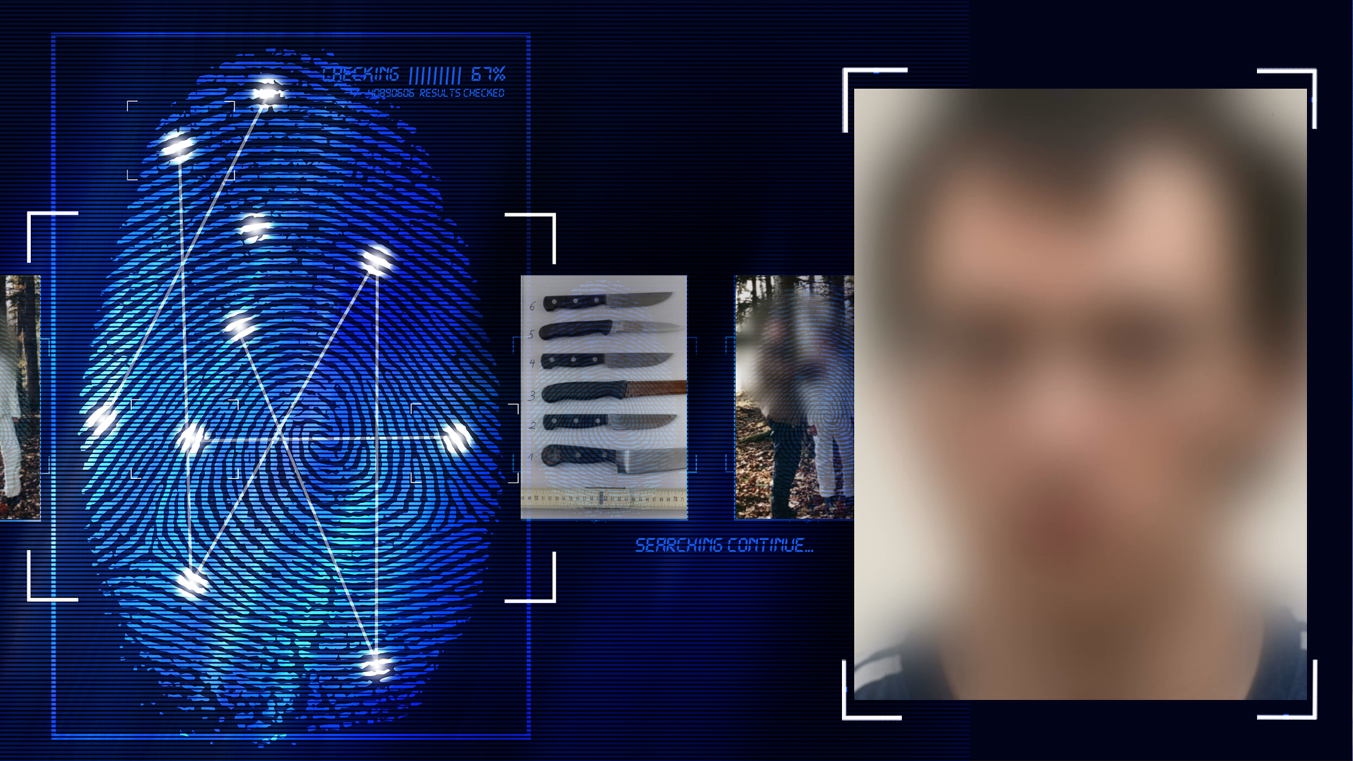 Portrait eines Mannes mit kurzen braunen Haaren. Das Gesicht wurde im Bild technisch verfremdet. Links daneben: Lichtschematische Darstellung eines Fingerabdrucks.