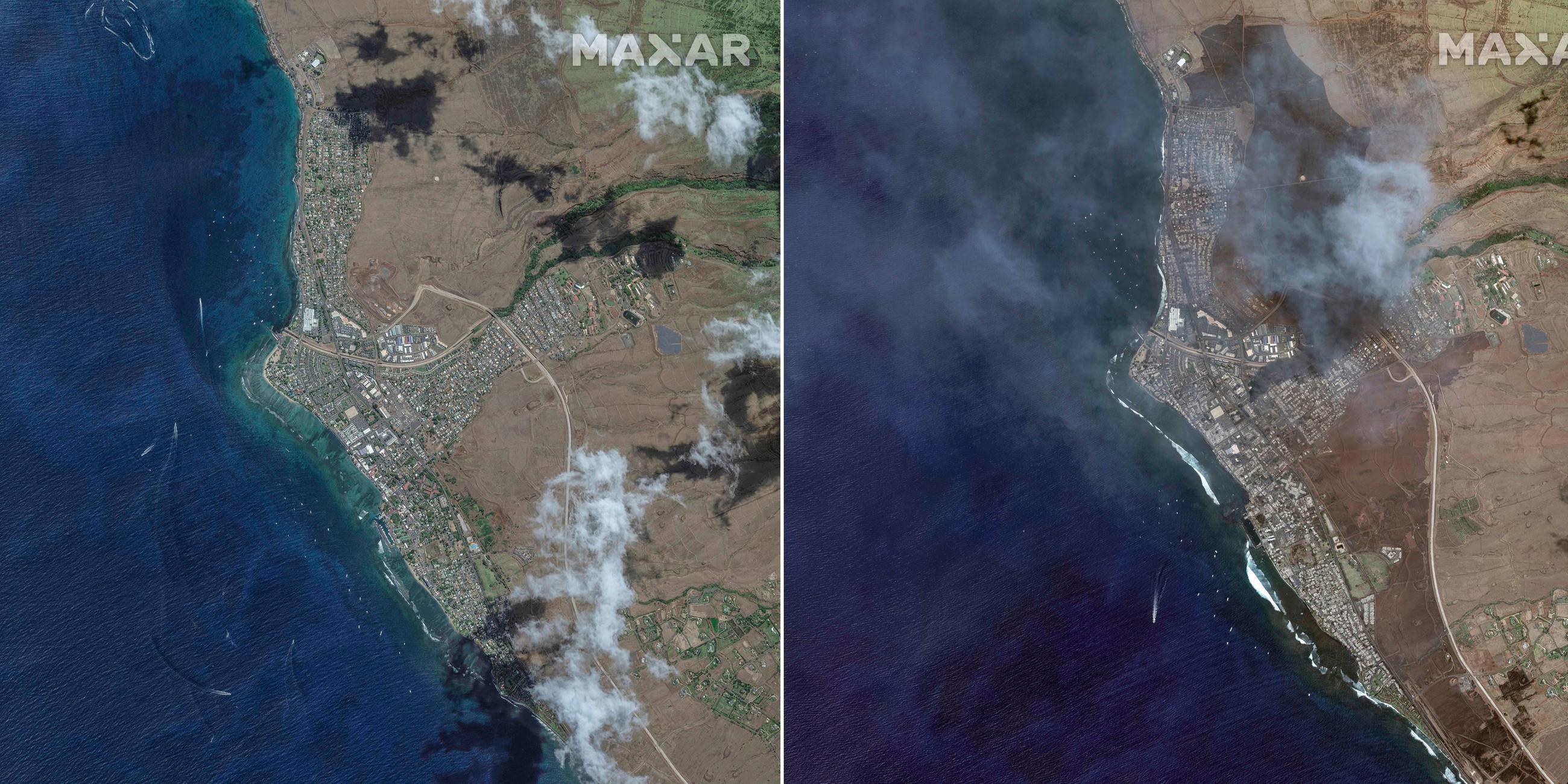 Diese Satellitenbildern, die von Maxar Technologies zur Verfügung gestellt wurden, zeigen einen Überblick über das südliche Lahaina auf Maui am 25. Juni 2023 (l) und einen Überblick über dasselbe Gebiet am 9. August 2023, nach einem Waldbrand.