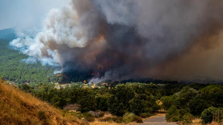 Eine dichte Rauchsäule in der Nähe von El Castañar de El Tiemblo steigt während eines Waldbrandes auf.