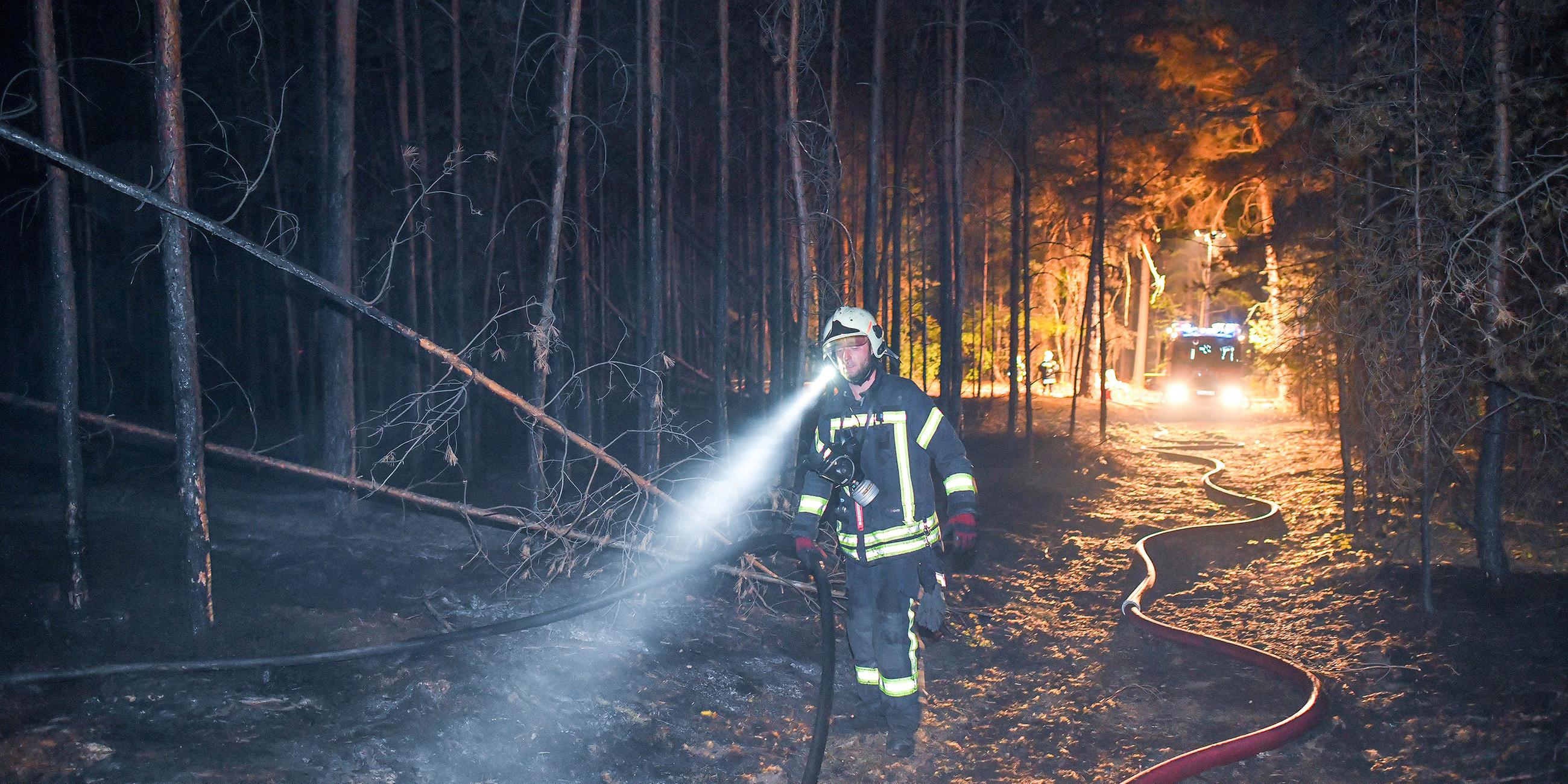 Ein Feuerwehrmann geht durch einen verbrannten Wald.