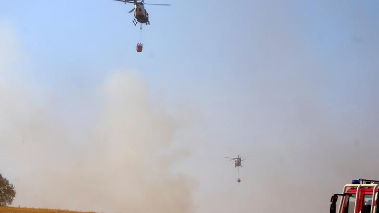 Zwei Polizeihubschrauber bekämpfen einen Waldbrand zwischen Langenfeld. 