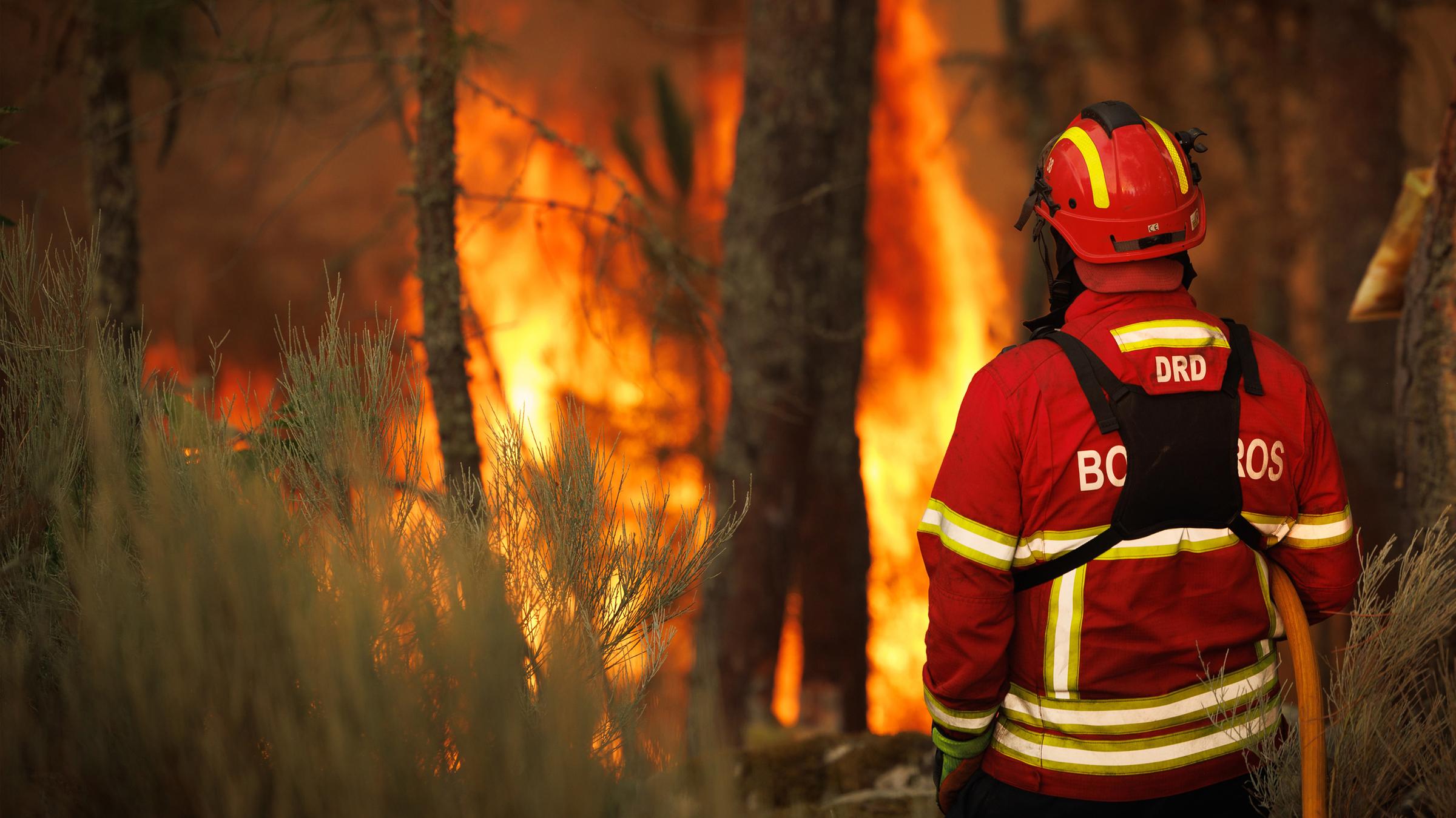 Ein Feuerwehrmann bekämpft einen Waldbrand im Dorf Reboredo, Vila Pouca de Aguiar, Portugal, am 28. 07. 2022. 