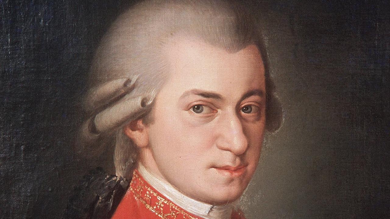 Das Bild zeigt ein Porträt in Öl des Komponisten Wolfang Amadeus Mozart.