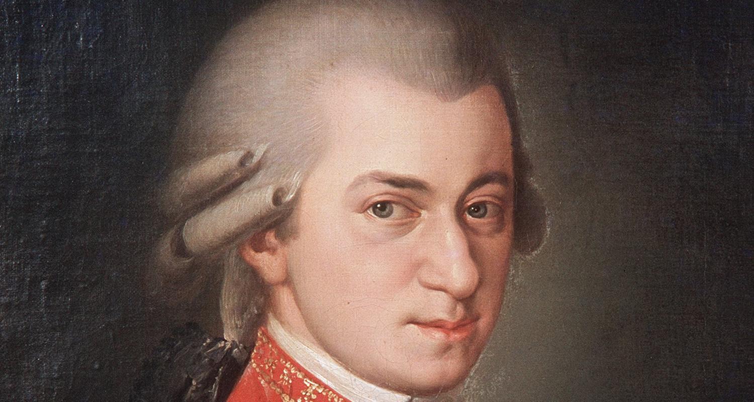 Das Bild zeigt ein Porträt in Öl des Komponisten Wolfang Amadeus Mozart.