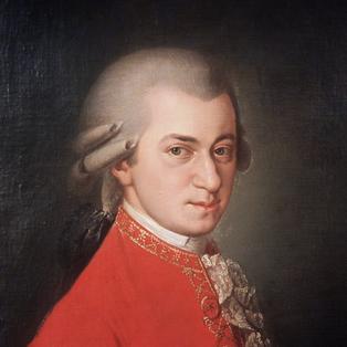 Das Bild zeigt ein Porträt in Öl des Komponisten Wolfang Amadeus Mozart.