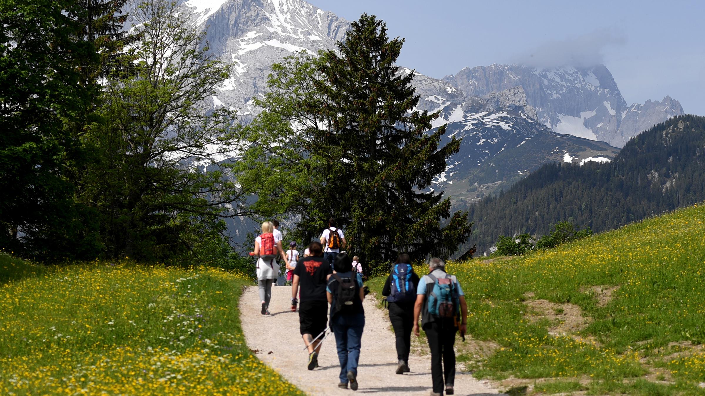 Archiv: Wanderer gehen am Eckbauer Richtung Alpspitze im Wettersteingebirge.