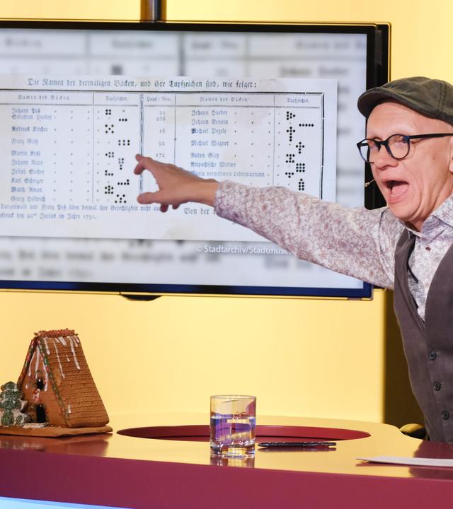 Das Bild zeigt eine Szene aus einer Fernsehshow. Im Vordergrund steht ein runder Tisch mit zwei kleinen Lebkuchenhäusern, die dekoriert sind. Eines ist halbrund und das andere hat eine spitze Dachform. Auf dem Tisch steht zudem ein Glas Wasser und ein Stift.  Hinter dem Tisch ist ein großer Bildschirm zu sehen, auf dem ein Dokument dargestellt ist, das anscheinend Daten oder Namen auflistet.   Ein Mann, der aufgeregt wirkt, steht an dem Tisch und gestikuliert mit einer Hand, während er auf den Bildschirm zeigt. Er trägt ein Hemd mit einem blumigen Muster, eine graue Weste und eine Mütze. Im Hintergrund sind mehrere Zuschauer unscharf zu erkennen, die die Szene beobachten. Die Beleuchtung ist warm und einladend.