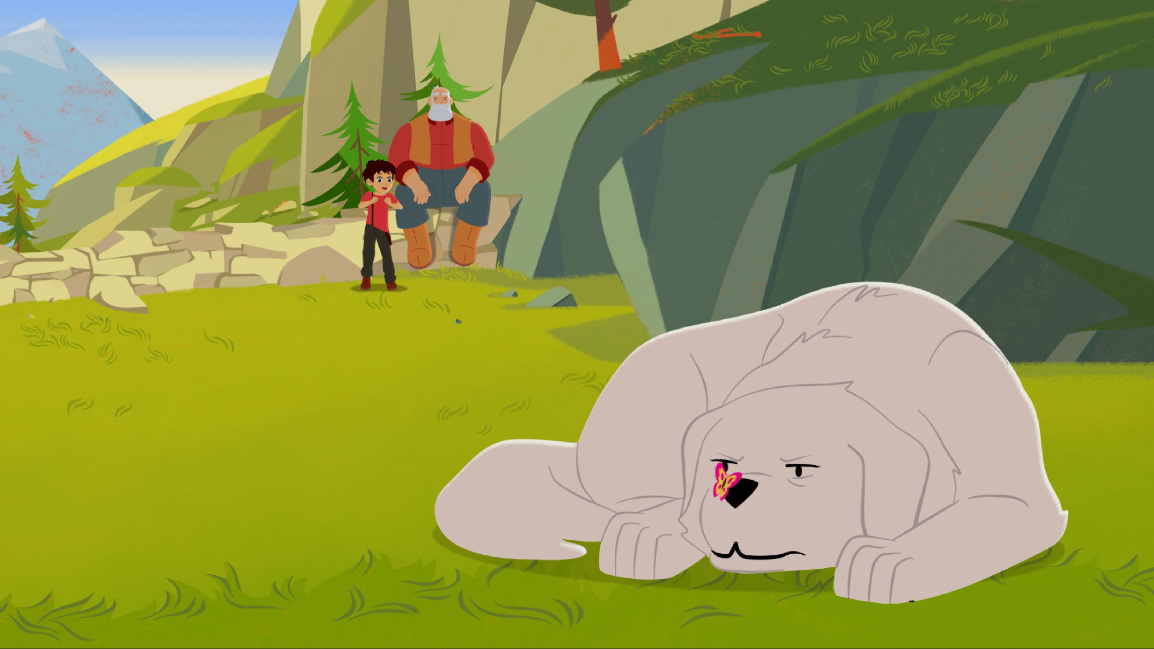 Belle (rechts) liegt auf dem Boden und hat einen Schmetterling auf der Nase. Sie guckt ihn böse an. Im Hintergrund sind Sebastian und Cesar.