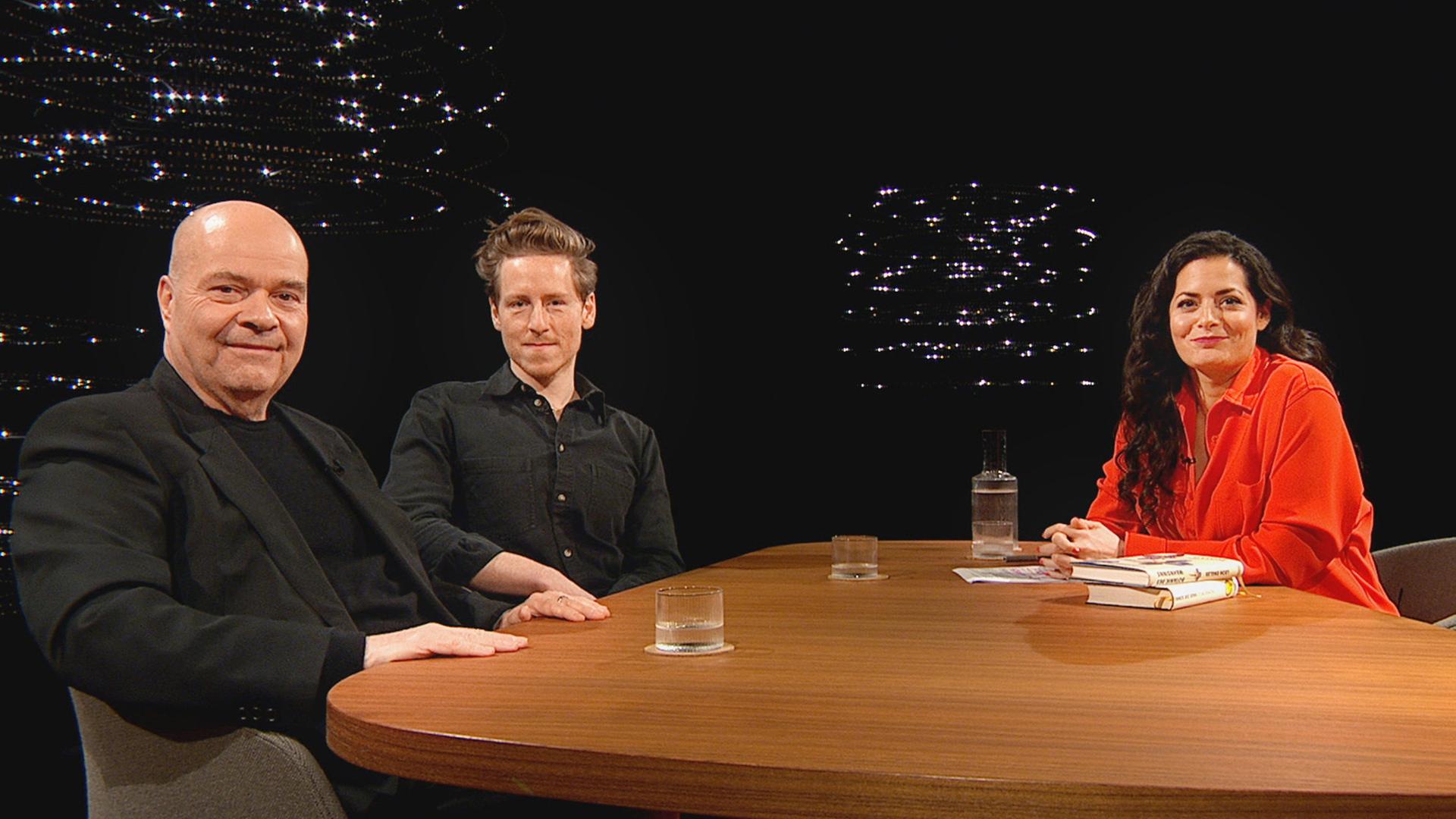 Sternstunde Philosophie Was ist psychisch krank? Über Normalität und Wahnsinn Michael Hagner, Mediziner und Wissenschaftshistoriker, Leon Engler, Autor und Psychologe mit Moderatorin Olivia Röllin  Copyright: SRF