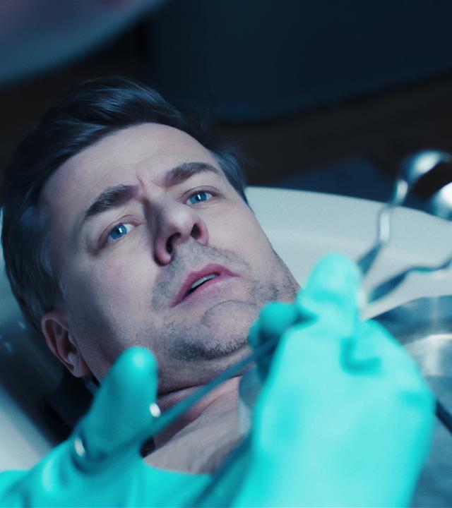 Der besorgt aussehende Harald Neuhauser (Marcus Mittermeier) liegt oberkörperfrei auf einem Obduktionstisch. Eine andere Person in OP-Kleidung, von der nur ein Teil des Körpers zu sehen ist, steht über ihm und hält in den behandschuhten Händen eine Zange.