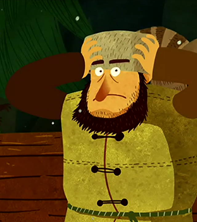 Ein Mann schlägt die Hände über dem Kopf zusammen. Hinter ihm rennt ein Waschbär über einen Baumstamm.