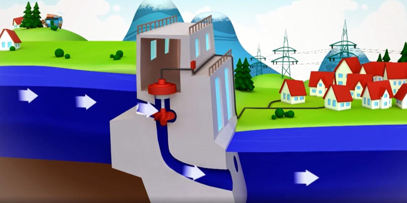 In einem Wasserkraftwerk an einem Fluss läuft Wasser durch die Turbinen.