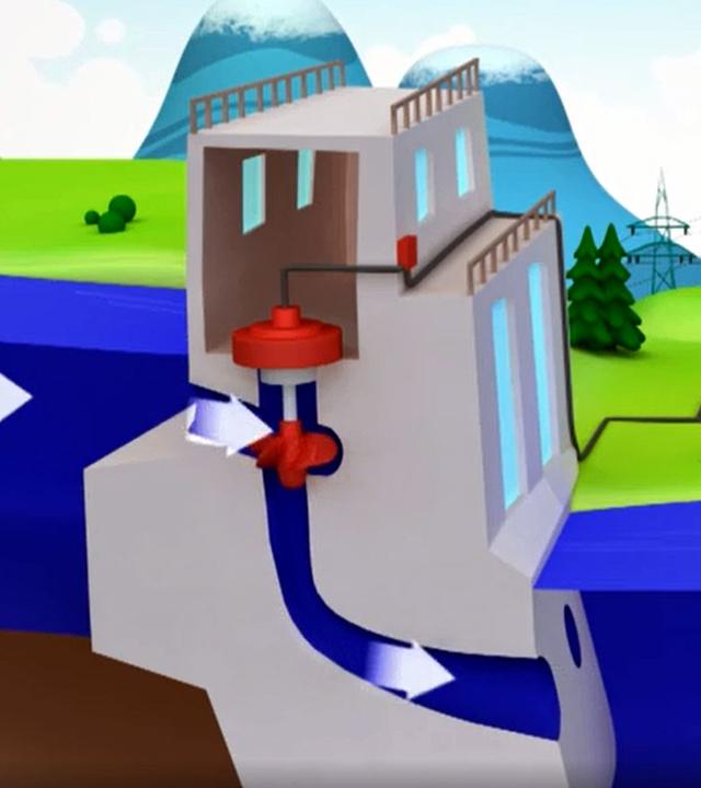 In einem Wasserkraftwerk an einem Fluss läuft Wasser durch die Turbinen.