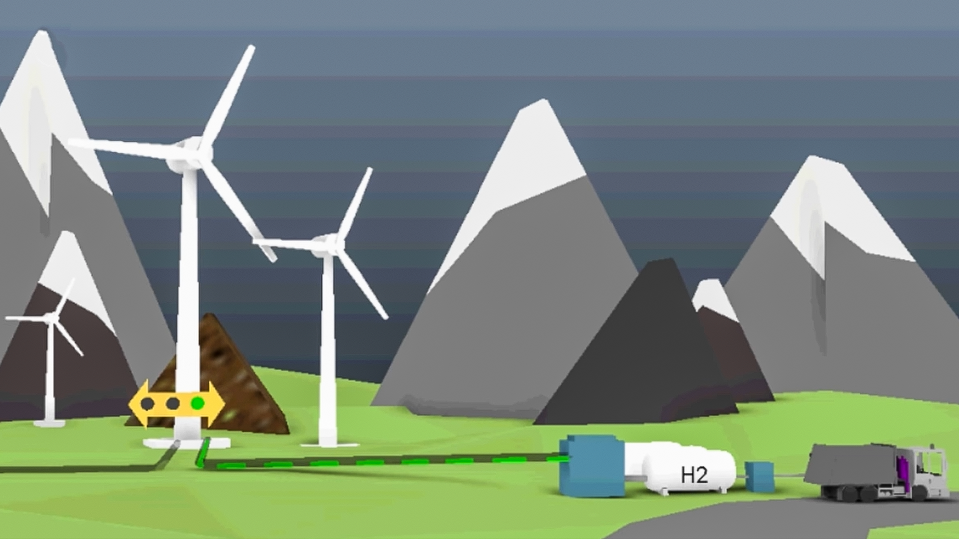 Es ist eine Landschaft mit Wiese und Bergen zu sehen. Rechts befinden sich Wasserstofftanks. Links sind Windräder.