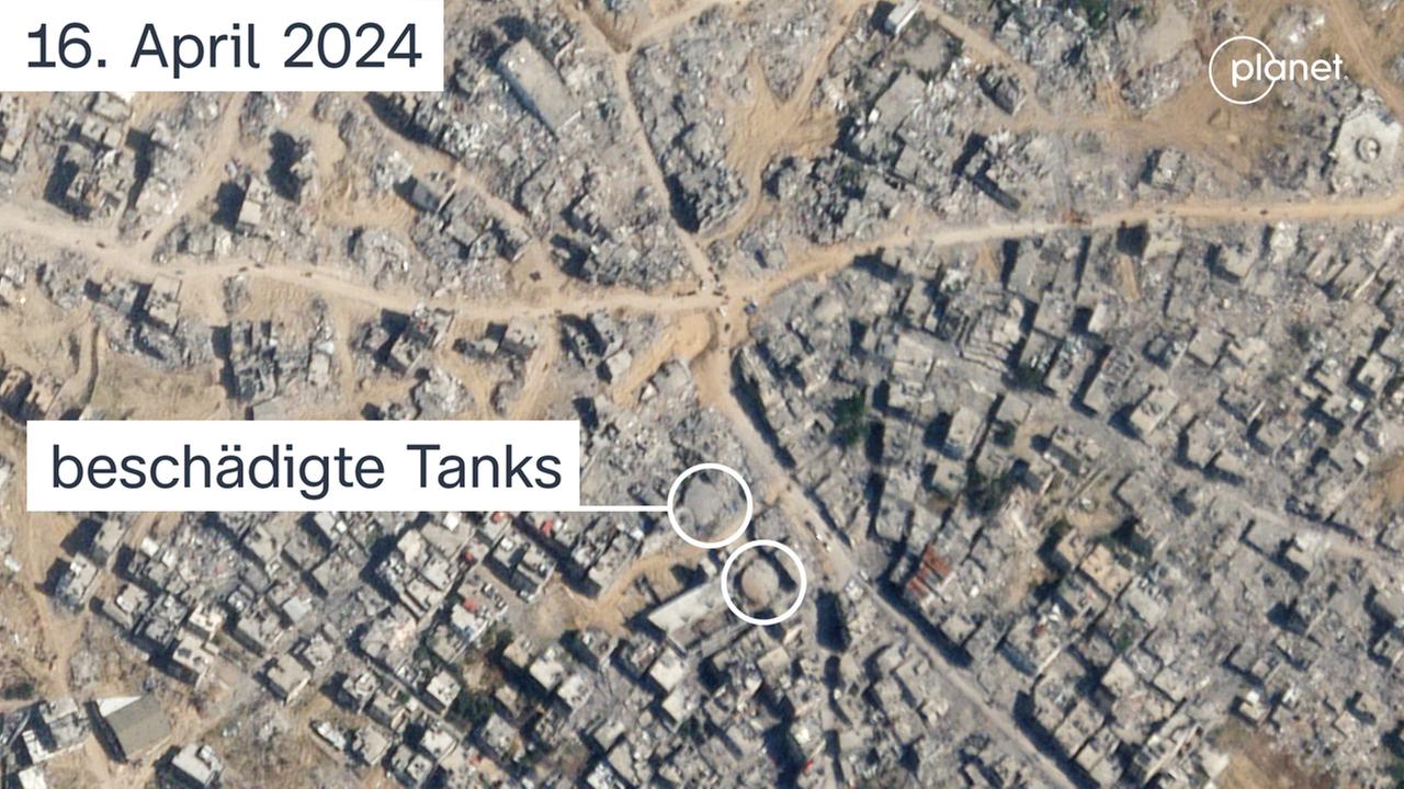 Satellitenbild von Chan-Junis, die Wassertanks nach der Zerstörung
