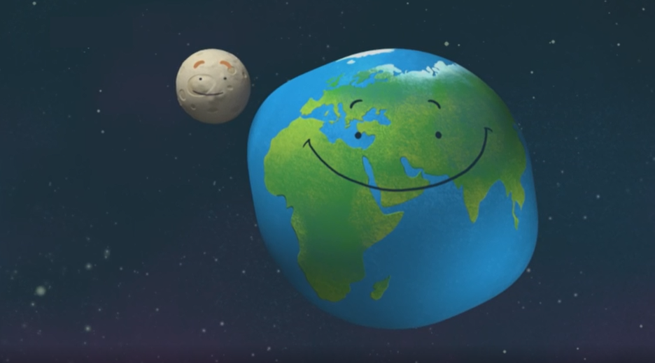 Zu sehen ist die Erde als Kugel mit einem Smiley-Gesicht. Links oben daneben ein lächelnder Mond. Die Erde zeigt zwei Ausbuchtungen, eine davon in Richtung Mond, die andere an der dem Mond gegenüberliegenden Erdseite.