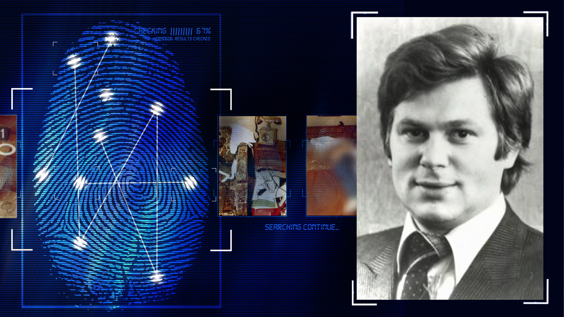 Foto von Peter Greifeldt, ca. 30 Jahre alter Mann im Anzug, Portrait. Lächelt in die Kamera. Links daneben: Lichtschematische Darstellung eines Fingerabdrucks